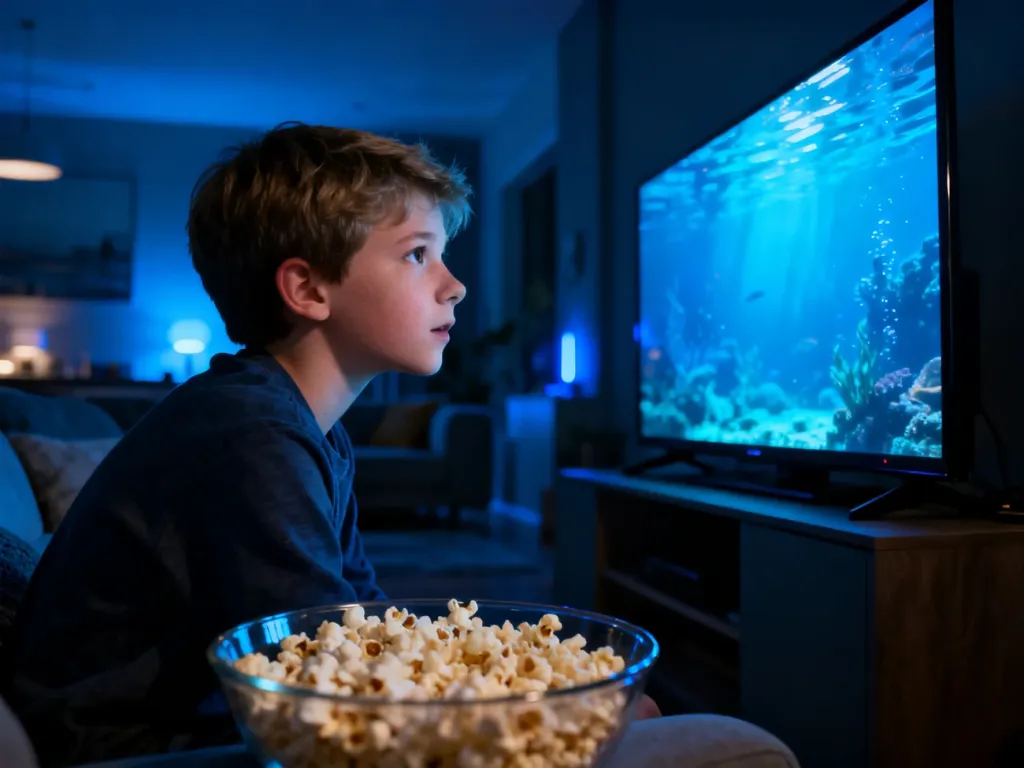Chłopiec oglądający film w przyciemnionym salonie z miską popcornu, w otoczeniu niebieskiego światła ekranu.