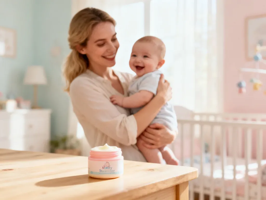 Uśmiechnięta mama trzymająca niemowlę w przytulnym pokoju, obok na stole znajduje się krem pielęgnacyjny dla dziecka.