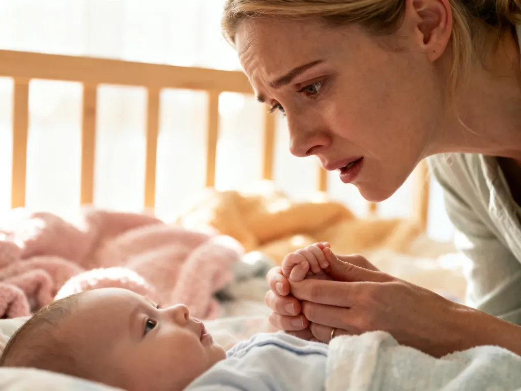 Zatroskana matka trzymająca dłoń niemowlęcia w przytulnym pokoju dziecięcym, podkreślająca troskę o zdrowie malucha.